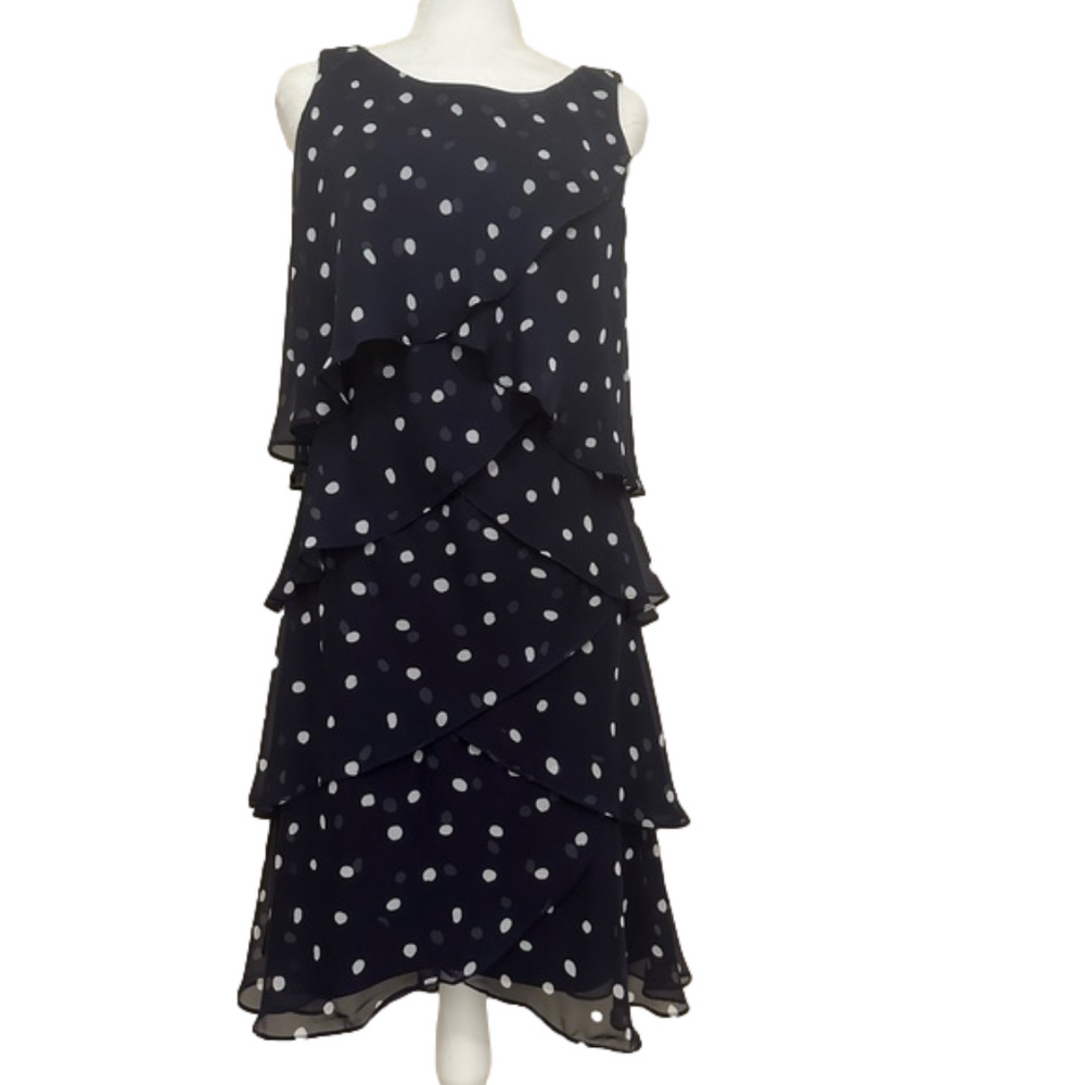 S.L. Fashions Swing Tiered Sleeveless Lined Blue with White Polka Dots